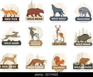 Etichette animali. Spille con illustrazioni di diversi animali selvatici modelli vettoriali recenti Illustrazione Vettoriale