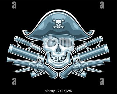 Logo vettoriale per il cranio dei pirati, scheda monocromatica con illustrazione del cranio della vista frontale in vecchio cappello e armi dei pirati, simbolo decorativo dei pirati con art d Illustrazione Vettoriale