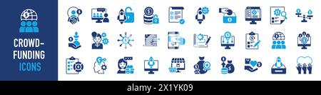 Insieme di icone di crowdfunding. Icone di donazioni e beneficenza. Ad esempio innovazione, piano aziendale, investimenti, lancio, finanziamento, investitore, simbolo della startup aziendale. Illustrazione Vettoriale
