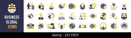 Set di icone globali per l'azienda. Team aziendale, riunione, partnership, startup, pianificazione, organizzazione internazionale, azienda, gestione, profitto e successo. Illustrazione Vettoriale