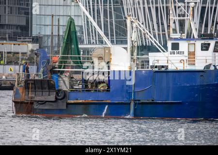 Peschereccio a strascico nel porto di Sydney con due membri dell'equipaggio figlio della poppa, il peschereccio a strascico si dirige verso l'area interna del porto, Sydney, NSW, Australia Foto Stock