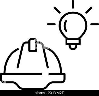Elmetto e lampadina. Design, costruzione e ingegneria innovativi. Icona del vettore pixel Perfect Illustrazione Vettoriale