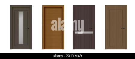 Set di porte chiuse in legno isolate su sfondo bianco. Illustrazione vettoriale realistica della porta moderna con struttura in legno marrone scuro, decorazione in vetro, pomello in metallo nero, elemento di design interno Illustrazione Vettoriale