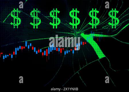 grafico, banconote in dollari, computer, concetto di trading globale in borsa, prezzi in calo e in aumento per la valuta mondiale Foto Stock