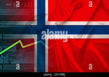 Bandiera della Norvegia sulla seta con pieghe, circuito stampato elettronico verde, freccia di crescita, concetto di tecnologia moderna, business, economia, Foto Stock
