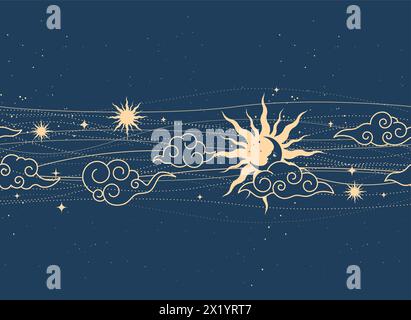 Schema spaziale mistico senza interruzioni con sole, luna e nuvole, linee astrologiche magiche, sfondo cosmo in stile tarocchi, cielo magico, vettore Illustrazione Vettoriale