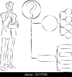 Un uomo utilizza un diagramma ad albero decisionale per identificare un problema o un'opportunità nel processo decisionale. Concetto di business. Schizzo. Illustrazione vettoriale. Illustrazione Vettoriale