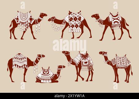 Cammelli. Illustrazioni stilizzate di animali domestici provenienti da paesi caldi deserti del sahara recente collezione decorativa di cammelli vettoriali Illustrazione Vettoriale