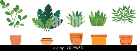 Piante verdi al coperto. Verde per gli arredi d'interni, gli amanti delle piante. Fiori in pentola in stile piatto. Illustrazione vettoriale. Illustrazione Vettoriale