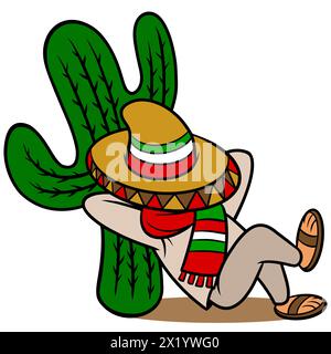 Un uomo messicano che dorme profondamente sotto un Cactus. Illustrazione Vettoriale