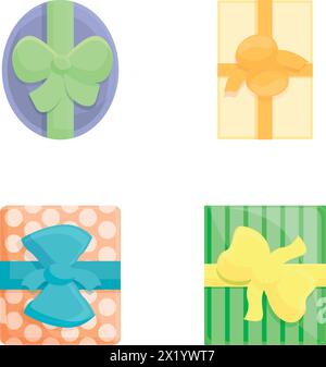 Le icone della confezione regalo impostano il vettore dei cartoni animati. Confezione regalo colorata con nastro. Sorpresa, evento festivo Illustrazione Vettoriale