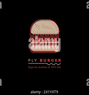 Design piatto con logo hamburger e design artistico in linea rossa per un negozio di hamburger Illustrazione Vettoriale
