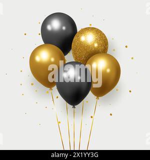 Palloncini realistici festivi. Design celebrativo con palloncini neri e dorati con coriandoli scintillanti casuali. illustrazione vettoriale 3d. Illustrazione Vettoriale
