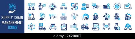 Insieme di icone relative alla gestione della catena di approvvigionamento, alla catena del valore, alla logistica, alla consegna, alla produzione, commercio. raccolta icone. Illustrazione vettoriale. Illustrazione Vettoriale