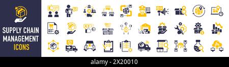 Insieme di icone relative alla gestione della catena di approvvigionamento, alla catena del valore, alla logistica, alla consegna, alla produzione, commercio. raccolta icone. Illustrazione vettoriale. Illustrazione Vettoriale