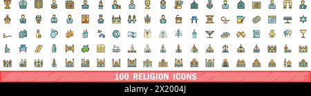 set di 100 icone di religione. Linea di colori, icone vettoriali di religione, linea sottile, colore piatto su bianco Illustrazione Vettoriale