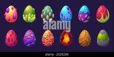 Uova di drago cartoni animati. Uovo fantasia con fuoco, mitologia personaggio rettile guscio d'uovo. Elementi di gioco magici, set vettoriale decorativo fiammeggiante Illustrazione Vettoriale