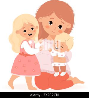 Famiglia felice. Mamma con un figlio e una figlia piccoli. Illustrazione vettoriale stile di cartoni animati piatti. Donna carina con bambini biondi. Illustrazione Vettoriale