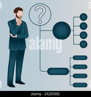 Un uomo utilizza un diagramma ad albero decisionale per identificare un problema o un'opportunità nel processo decisionale. Concetto di business. Illustrazione vettoriale 2D. Illustrazione Vettoriale