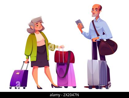 Le persone anziane con valigia viaggiano per lavoro o per vacanza. Set di illustrazioni vettoriali di un uomo anziano e una donna con bagagli. Passeggero di viaggio maschile e femminile con bagaglio nel terminal. Illustrazione Vettoriale