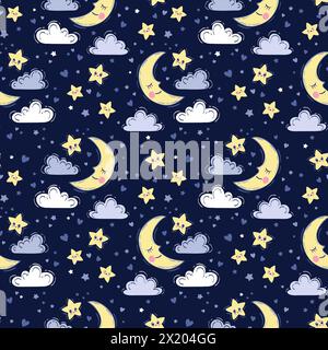 Disegno vettoriale a mano senza cuciture. Sfondo carino con luna sorridente addormentata, stelle, nuvole. Cielo notturno, stampa baby nei colori blu scuro Illustrazione Vettoriale
