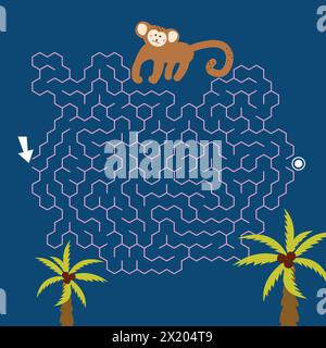 Illustrazione vettoriale di Labyrinth Monkey gioco labirinto. Puzzle colorato per bambini Illustrazione Vettoriale