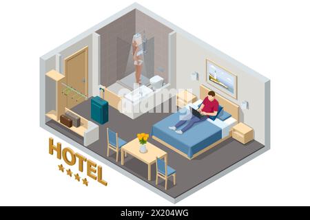 Suite Isometric Modern con camera da letto nell'hotel. Check-in in hotel e riposo nelle loro camere. Godetevi le vacanze e le vacanze. Applicazione mobile, Hotel Illustrazione Vettoriale