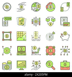Set di icone colorate Bitcoin e criptovaluta. Segnali di concetto della tecnologia crittografica e del vettore valutario Illustrazione Vettoriale
