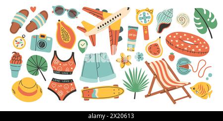 Set vettoriale estivo per adesivo. Icone, cartelli, banner. Poster estivo luminoso. Elementi della collezione per le vacanze estive. Illustrazione Vettoriale