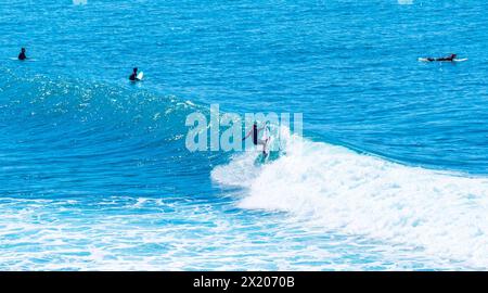 Surfisti a Winkipop a Bells Beach sulla Great Ocean Road in Australia. Bells Beach è una delle spiagge per il surf più famose e rinomate al mondo. Foto Stock