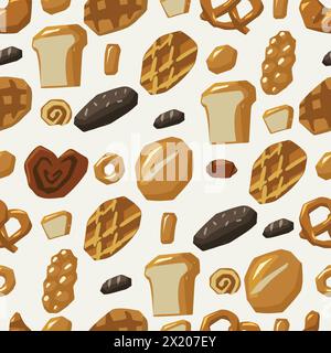 Disposizione senza cuciture di vari tipi di pane. Waffle, pane, baguette, panini, pretzel, croissant e altri prodotti da forno Illustrazione Vettoriale