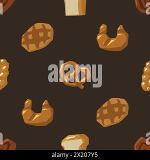 Disposizione senza cuciture di vari tipi di pane. Waffle, pane, baguette, panini, pretzel, croissant e altri prodotti da forno Illustrazione Vettoriale