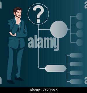 Un uomo utilizza un diagramma ad albero decisionale per identificare un problema o un'opportunità nel processo decisionale. Concetto di business. Illustrazione vettoriale piatta. Illustrazione Vettoriale