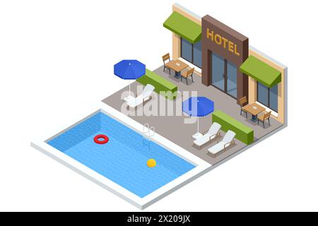 Suite Isometric Modern con camera da letto nell'hotel. Villa con piscina di lusso Gotel e design esterno con soggiorno, lettino e divano. Godetevi le vacanze e le vacanze Illustrazione Vettoriale