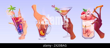 Mani con bicchieri da cocktail isolati sullo sfondo. Illustrazione vettoriale di dita maschili e femminili che tengono tazze di vetro con bevande alcoliche, succo di frutta, tè caldo piccante, bevande fredde Illustrazione Vettoriale