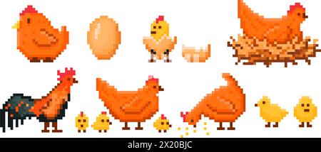 Pixel art pollo fattoria. Pulcino che schiude uova, gallina sul nido, gallo e pulcini per bambini, set di illustrazioni vettoriali in stile videoludico a 8 bit Illustrazione Vettoriale