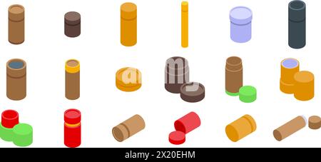 Le icone delle scatole tubolari di creazione impostano il vettore isometrico. Pacchetto Kraft. Prodotto circolare Illustrazione Vettoriale
