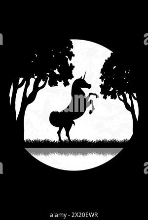 Sagoma unicorno in piedi nel prato crepuscolo. Paesaggio fiabesco, luna piena e illustrazione a cavallo. Stampa artistica moderna minimalista della metà del secolo. Illustrazione Vettoriale