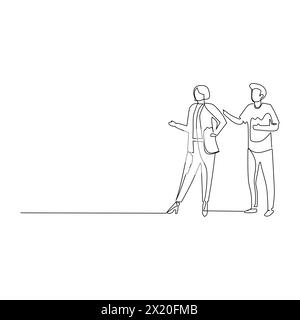 Uomo d'affari e donna d'affari che hanno una discussione d'affari. Comunicazione efficace nel concetto di business. Semplice illustrazione del disegno a linea continua Illustrazione Vettoriale