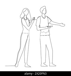 Uomo d'affari e donna d'affari che hanno una conversazione d'affari. Comunicazione efficace nel concetto di business. Semplice illus vettoriale di disegno a linea continua Illustrazione Vettoriale
