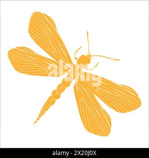 Illustrazione grafica della silhouette gialla Dragonfly. Farfalla di insetto per adesivi, tatuaggi, silhouette, album. Splendido animale alato. Vettore disegnato a mano Illustrazione Vettoriale