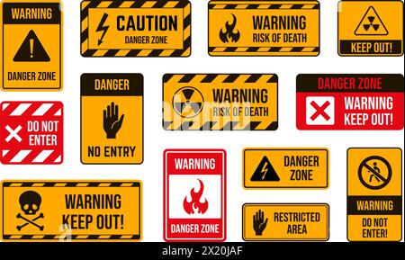Segnali di pericolo per l'area. Attenzione il simbolo di pericolo, il pericolo elettrico, il rischio di incendio e il materiale tossico segnalano il gruppo di pericolo vettoriale illustra la sicurezza Illustrazione Vettoriale