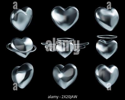 Icone cardiache cromate liquide. Luccicante simbolo d'amore metallico, cuori Y2K retrò e romantico futuristico set vettoriale di elementi cromati icona futuristica Illustrazione Vettoriale