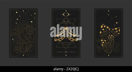 Set celeste mistico vettoriale a con contorno dorato funghi, mosca agarica, penny Bun, mezzaluna e fasi lunari. Etichette lineari lucide occulte nere con A. Illustrazione Vettoriale
