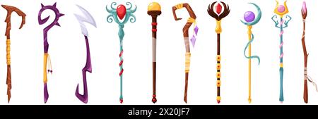 Il mago magico si attacca. Il personale magico, l'arma magica e le bacchette sciamane, le risorse di gioco fantasy dei cartoni animati, il set di illustrazioni vettoriali isolate di Stick Wizard isolat Illustrazione Vettoriale