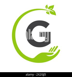 Logo ECO sulla lettera G Concept con simbolo a mano e lamina. Simbolo riciclo Illustrazione Vettoriale