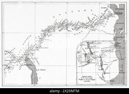 Mappa con l'itinerario della spedizione Victor Giraud, Tanzania, Africa Orientale. Disegno di Edouard Riou (1833 - 1900) i laghi dell'Africa equatoriale, viaggio esplorativo 1883-1885 di Victor Giraud (1858-1898) le Tour du Monde 1886 Foto Stock