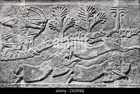 Lastra scolpita dalla sala del trono di re Ashurnasirpal II a Nimrud. Due arcieri assiri sparano ai nemici che nuotano in acqua usando pelli di animali gonfiate per sostenersi. Fiume Eufrate, Iraq. Medio Oriente. Disegno di Edward Dujardin (1817 - 1889) Persia, Chaldea e Susiana 1881-1882 di Jane Dieulafoy (1851 - 1916) le Tour du Monde 1886 Foto Stock