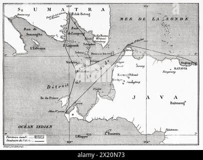 Vecchia cartina dello stretto della sonda, Indonesia. Krakatau and the Sunda Strait 1884 del giornalista francese Edmond Cotteau (1833 - 1896) le Tour du Monde 1886 Foto Stock