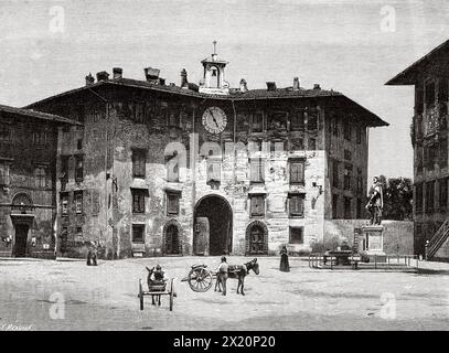 Palazzo dell'orologio. Palazzo dell'Orologio, Piazza dei Cavalieri, Pisa. Toscana, Italia. Europa. Disegno di Fortune Meaulle (1843 - 1916) viaggio attraverso la Toscana 1881 di Eugene Muntz (1845 - 1902) le Tour du Monde 1886 Foto Stock